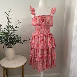 O. Vianca pink floral tiered smocked dress large